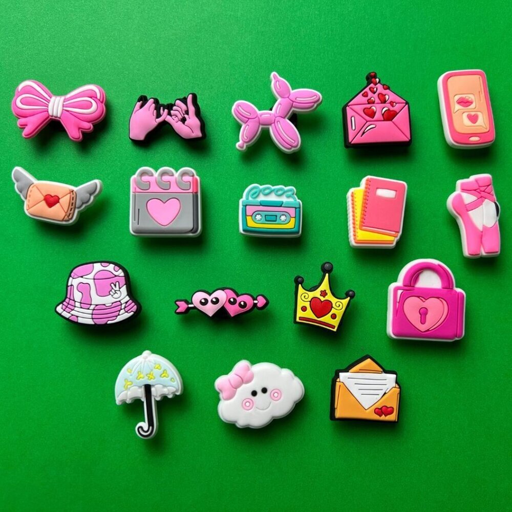 Girls Pink theme Crocs Shoe Charms Set of 17 - jibbitz Charms